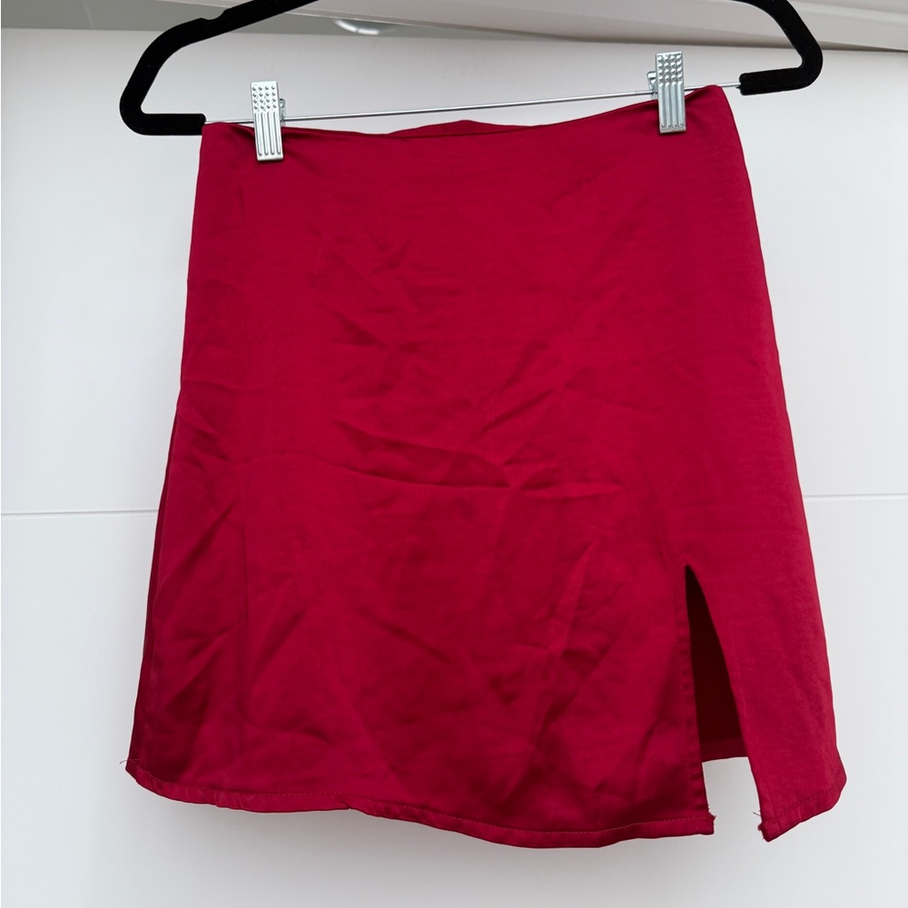Red Satin Mini Skirt High Waist Front Slit Club Skirt | Size S - Picture 4 of 7